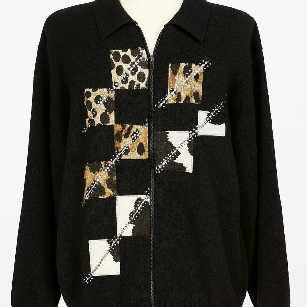 Vintage RSB Black Animal Print Patchwork Zip Up Sweater M